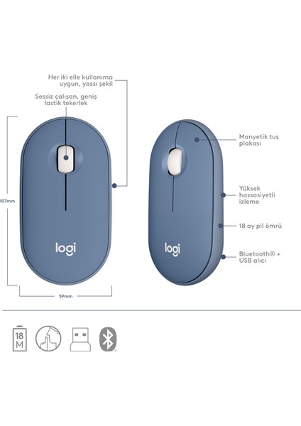 M350 Pebble Mac Için Sessiz Kablosuz Kompakt Mouse - Uzay Mavisi