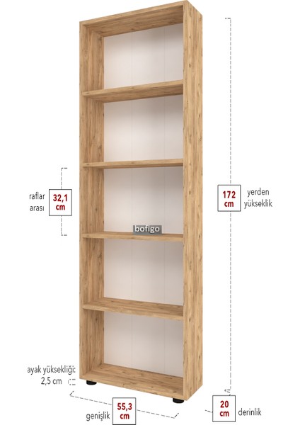 Dekoratif 5 Raflı Kitaplık Modern Kitaplık Çam