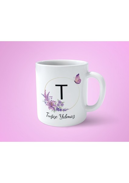 Kişiye Özel T Baş Harfli İsimli Mor Çerçeveli Beyaz Kupa Bardak-1