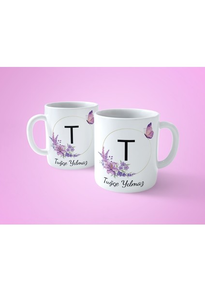 Kişiye Özel T Baş Harfli İsimli Mor Çerçeveli Beyaz Kupa Bardak-1 fiyatları