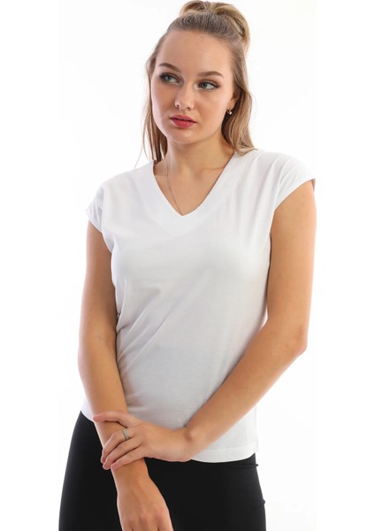 Beyaz V Yaka Slim Fit Düşük Omuz Pamuklu Kadın Tişört fiyatları