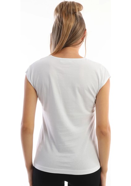 Beyaz V Yaka Slim Fit Düşük Omuz Pamuklu Kadın Tişört fırsatları