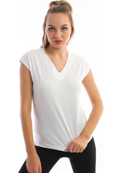 Beyaz V Yaka Slim Fit Düşük Omuz Pamuklu Kadın Tişört indirimleri