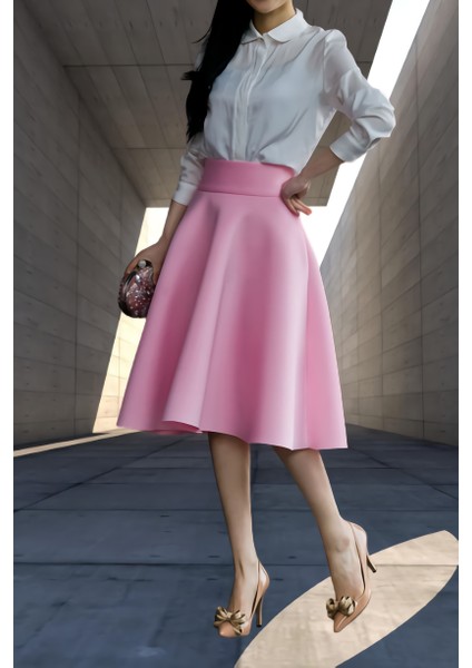 Kadın Pembe Yüksek Bel A-Line Saten Etek modelleri