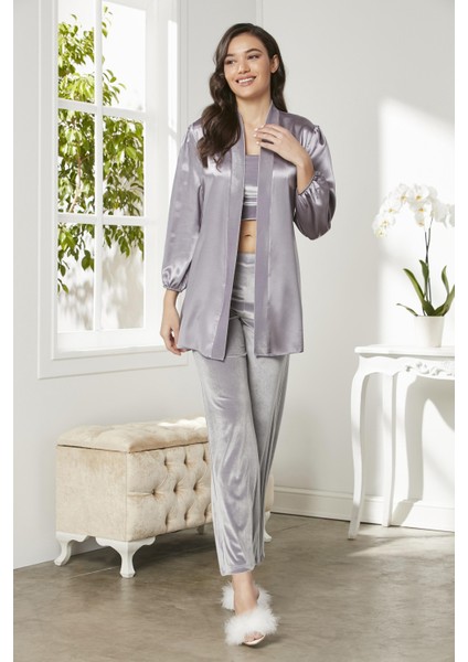 Kadife Saten 3'lü Kadın Crop'lu Pijama Takımı - 2050