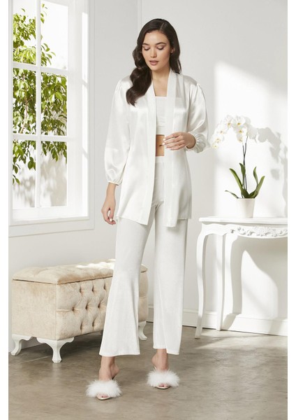 Kadife Saten 3'lü Kadın Crop'lu Pijama Takımı - 2050