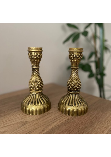 Baklava Desen Gold 2'li Şamdan Mumluk