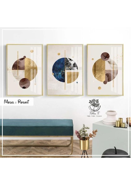 Metal Çerçeveli Gerçek Camlı Tablo Rosari 3 Lü Set