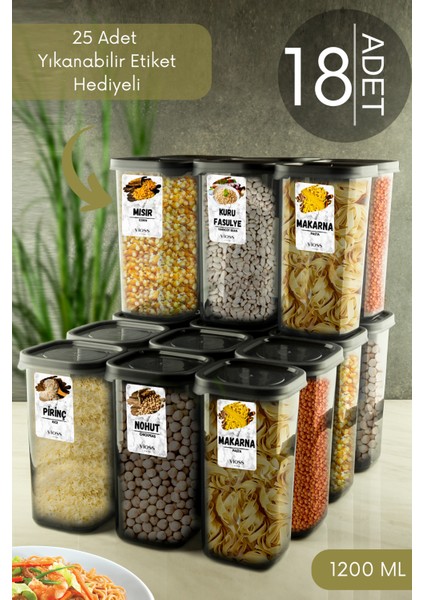 18 Adet Bella Büyük Boy Erzak Saklama Kabı Seti Etiketli Antrasit - 1200 ml Süper Set