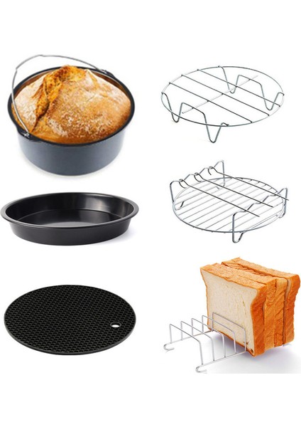 6 Parça 8 Inç (20cm) Yui / Xiaomi / Philips / Kumtel Uyumlu Air Fryer Aksesuarları Set - Siyah (Yurt Dışından)