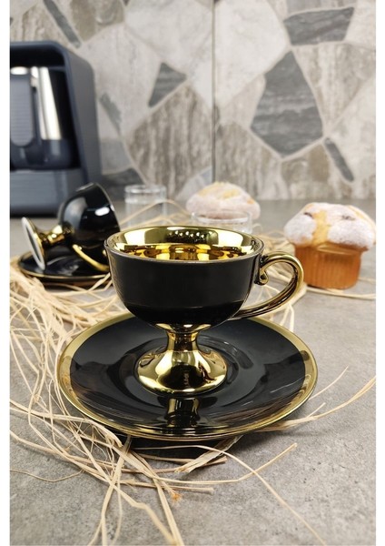 Porselen 2 Kişilik Yaldızlı Kahve Fincan Takımı Siyah - Ist-72