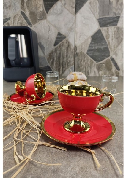 Porselen 2 Kişilik Yaldızlı Kahve Fincan Takımı Kırmızı - Ist-76