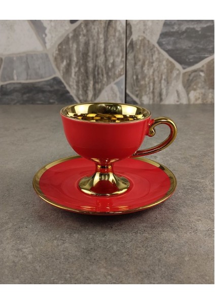 Porselen 2 Kişilik Yaldızlı Kahve Fincan Takımı Kırmızı - Ist-76 indirimleri