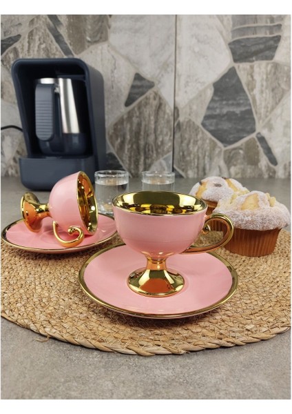 Porselen 2 Kişilik Yaldızlı Kahve Fincan Takımı Pembe - Ist-98 modelleri