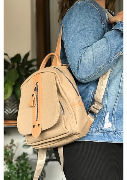 Çok Bölmeli Astarlı Ayarlanabilir Askılı Kadın Sırt Çantası 4058-GD Vizon fırsatları