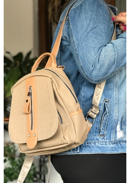 Çok Bölmeli Astarlı Ayarlanabilir Askılı Kadın Sırt Çantası 4058-GD Vizon indirimleri