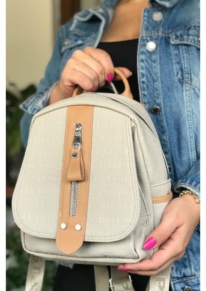 Taş Rengi Çok Bölmeli Astarlı Ayarlanabilir Askılı Kadın Sırt Çantası 4058-GD