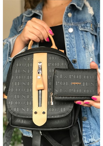 Çok Bölmeli Astarlı Ayarlanabilir Askılı Kadın Sırt Çantası 4058-GD Siyahtaba Kombin