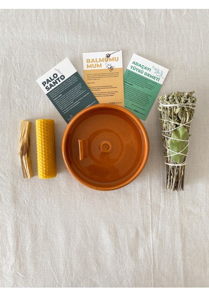 Kamen Tütsülük ve Enerji Başlangıç Seti : Palo Santo Ağaç Tütsü, Adaçayı Tütsü Demeti, Balmumu Mum