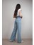 Kadın Açık Mavi Kar Yıkama Yüksek Bel Bol Paça Denim Kot Pantolon 5