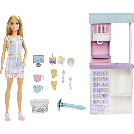 Barbie Dondurma Dükkanı Oyun Seti, 30 Cm Sarışın Bebek, 2 Kutu Oyun Hamuru, 2 Kase, 2 Külah, 3 Dekoratif Dondurma Süsü, 2 Kaşık Ve Kasa, 3 Yaş Ve Üzeri Hcn46