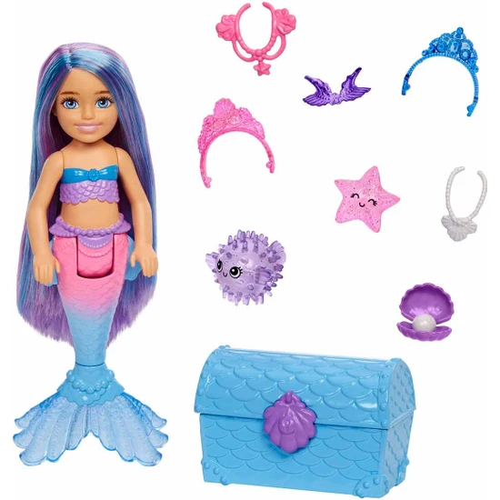 Barbie Chelsea Deniz Kızı Bebeği, 2 Hayvan Dostu, Hazine Sandığı, Aksesuarları ve Rengarenk Saçlarıyla, 3 Yaş ve Üzeri Hhg57