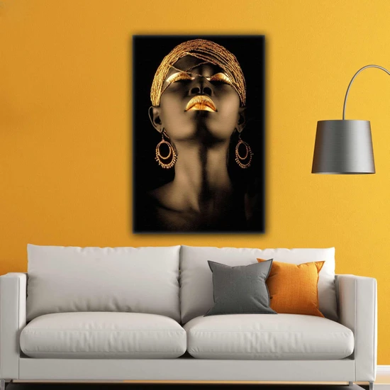 SML Tablo Afrikalı Siyahi Zenci Kadın Portre Gold African Woman Kanvas Tablo