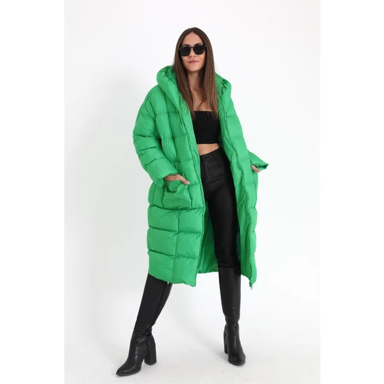 VprModa Kapüşonlu Uzun Oversize Şişme Kadın Mont - Açık Yeşil