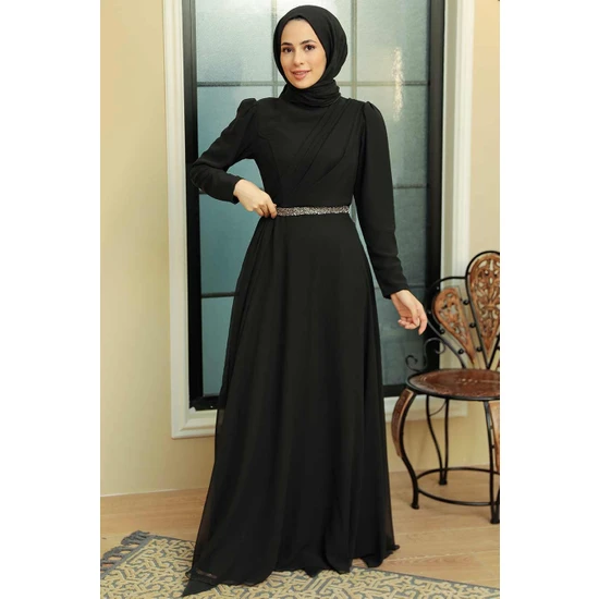 Neva Style Tesettürlü Abiye Elbise - Drape Detaylı Siyah Tesettür Abiye Elbise 5737S
