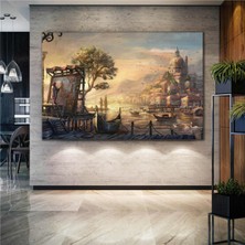 SML Tablo Modern Şehir Hayatı Yağlı Boya Efektli Şehir Resmi Çizen Ressam Gemi Rıhtım Manzara Kanvas Tablo