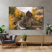 SML Tablo Irmak Şelale Orman Doğa Manzaralı Ahşap Ev Kanvas Tablo