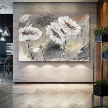 SML Tablo Beyaz Açmış Çiçekler Soyut Yağlı Boya Efektli Dekoratif Modern Sanat Doğa Manzara Kanvas Tablo