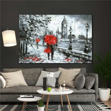 SML Tablo Yağmur Altında Yürüyen Çift Kırmızı Şemsiye Saat Kulesi Yağlı Boya Efekt Kanvas Tablo