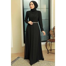 Neva Style Tesettürlü Abiye Elbise - Drape Detaylı Siyah Tesettür Abiye Elbise 5737S