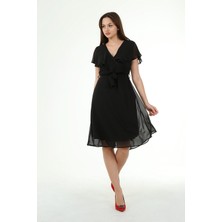 Neşeli Butik Kadın Kruvaze Yaka Bağlama Detaylı Yeni Sezon Şifon Elbise NB8081