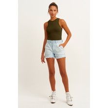 la & vetta Kadın Haki Fitilli T-Shirt Halter Yaka Örme Atlet