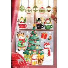 Msticker Yılbaşı Ağacı ve Sevimli Figürler Cam Duvar Sticker Seti, Çocuk Odası için Yapışkanlı 27 x 55 cm
