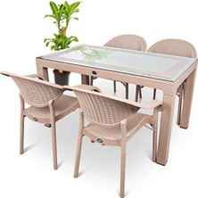 Almina Rattan 90X150CM 4lü Camlı Bahçe Mutfak Masa Takımı Cappuccino