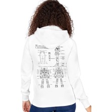 Rock&Roll Robotic Beyaz Kapüşonlu Ön ve Arka Baskılı Kadın Sweatshirt