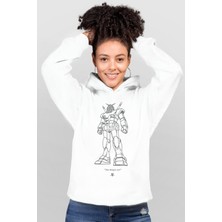 Rock&Roll Robotic Beyaz Kapüşonlu Ön ve Arka Baskılı Kadın Sweatshirt