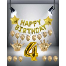 Best Parti Gold Renk Kral Taç Happy Bırthday Folyo Balon Seti 4 Yaş