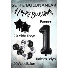 Patladı Gitti Siyah Konsept 1 Yaş Doğum Günü Kutlama Seti; Beyaz Siyah Konfetili Balon, Rakam Yıldız Folyo ve Banner