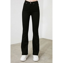 Livik Kadın İspanyol Paça Flare Siyah Jeans Toparlayıcı Yüksek Bel %91 Pamuklu Model