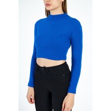 Hanclo Kadın Yarım Balıkçı Yaka Uzun Kol Basic Crop Bluz