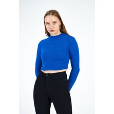 Hanclo Kadın Yarım Balıkçı Yaka Uzun Kol Basic Crop Bluz