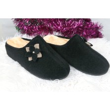 Nancy Esa Winter Star El Yapımı Rahat Kışlık Siyah Keçe Suni Kürklü Şık Kadın Ev Terliği