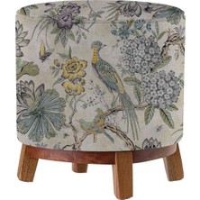 Adawall Sarı Kuş Detaylı Ahşap Ayaklı Puf (Kumaşı Süettir. Uluslararası Solmama Sertifikasına Sahiptir.)