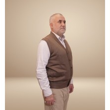 Kehila Erkek Kahverengi Baba Yeleği Önden Zarif Düğmeli Klasik Çift Cepli Rahat Kesim Ince Yün Triko