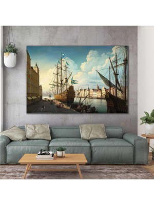 SML Tablo Yağlı Boya Efektli İskele Rıhtım Yelkenli Manzara Doğa Kanvas Tablo