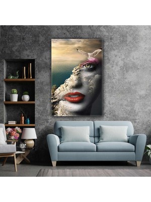 SML Tablo Doğa Yüzlü Kadın İllüstrasyon Kırmızı Ruj Manzara Kanvas Tablo
